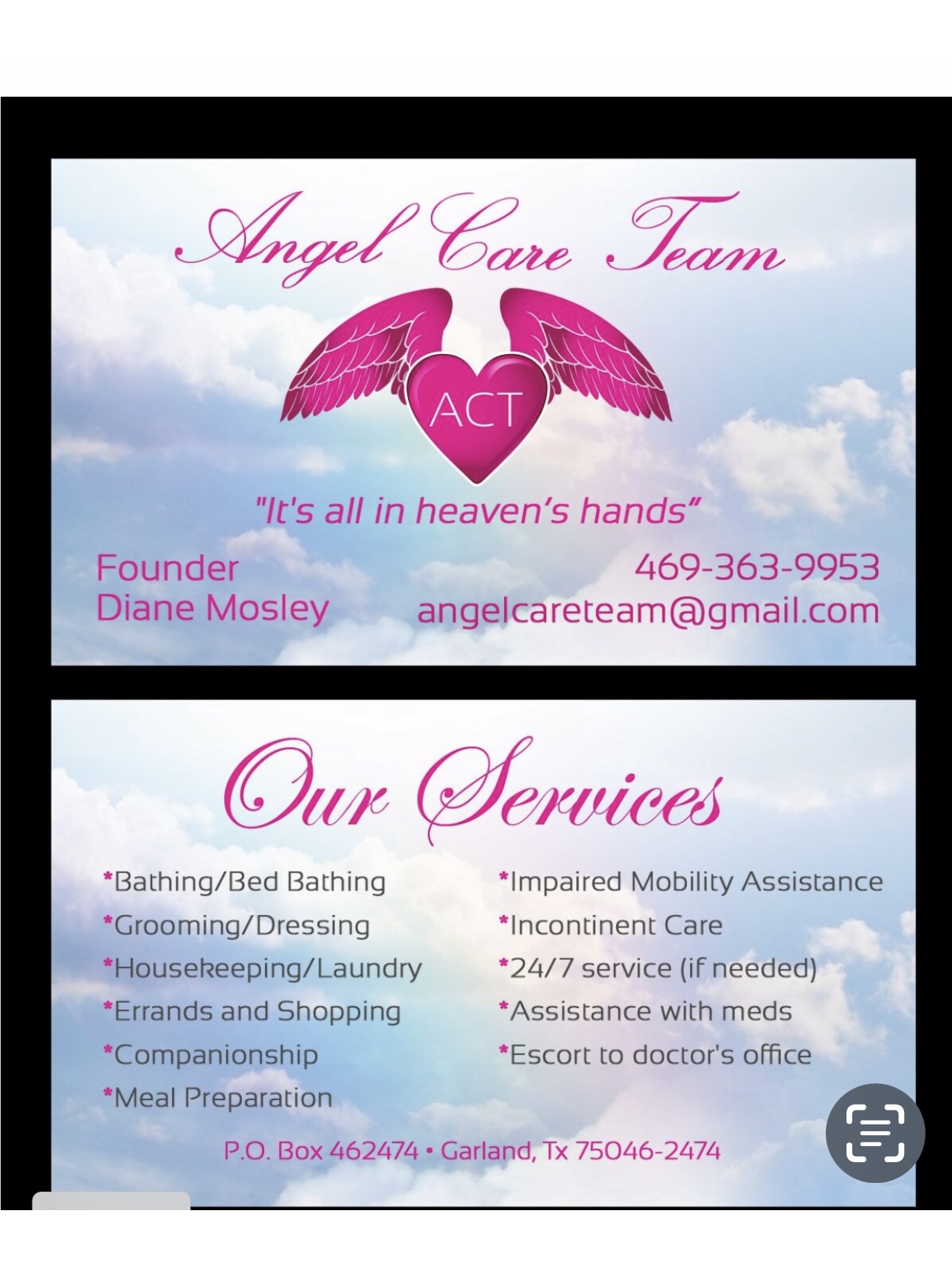 Angel Care Team business card and service list
