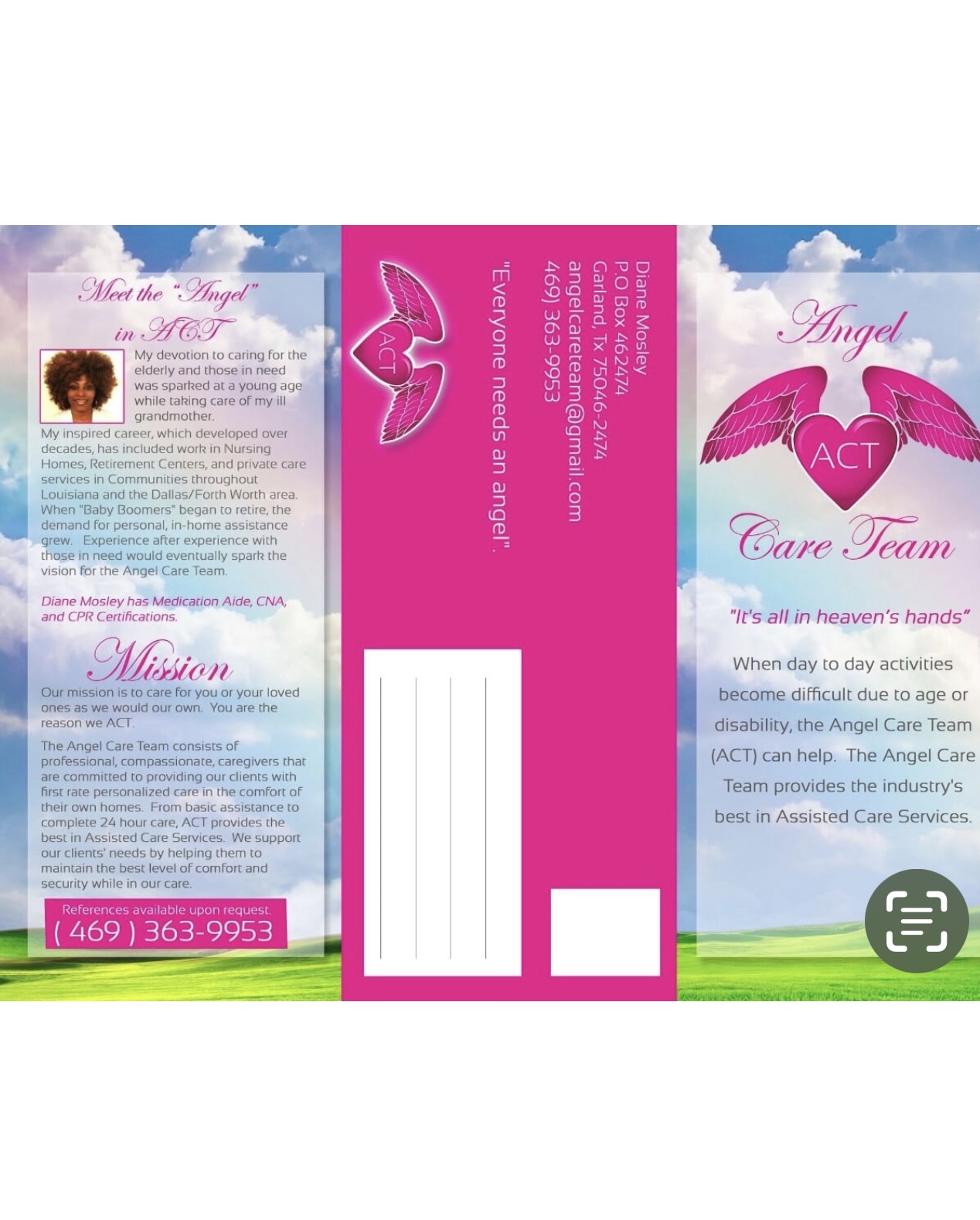 Outside panels of the Angel Care Team brochure