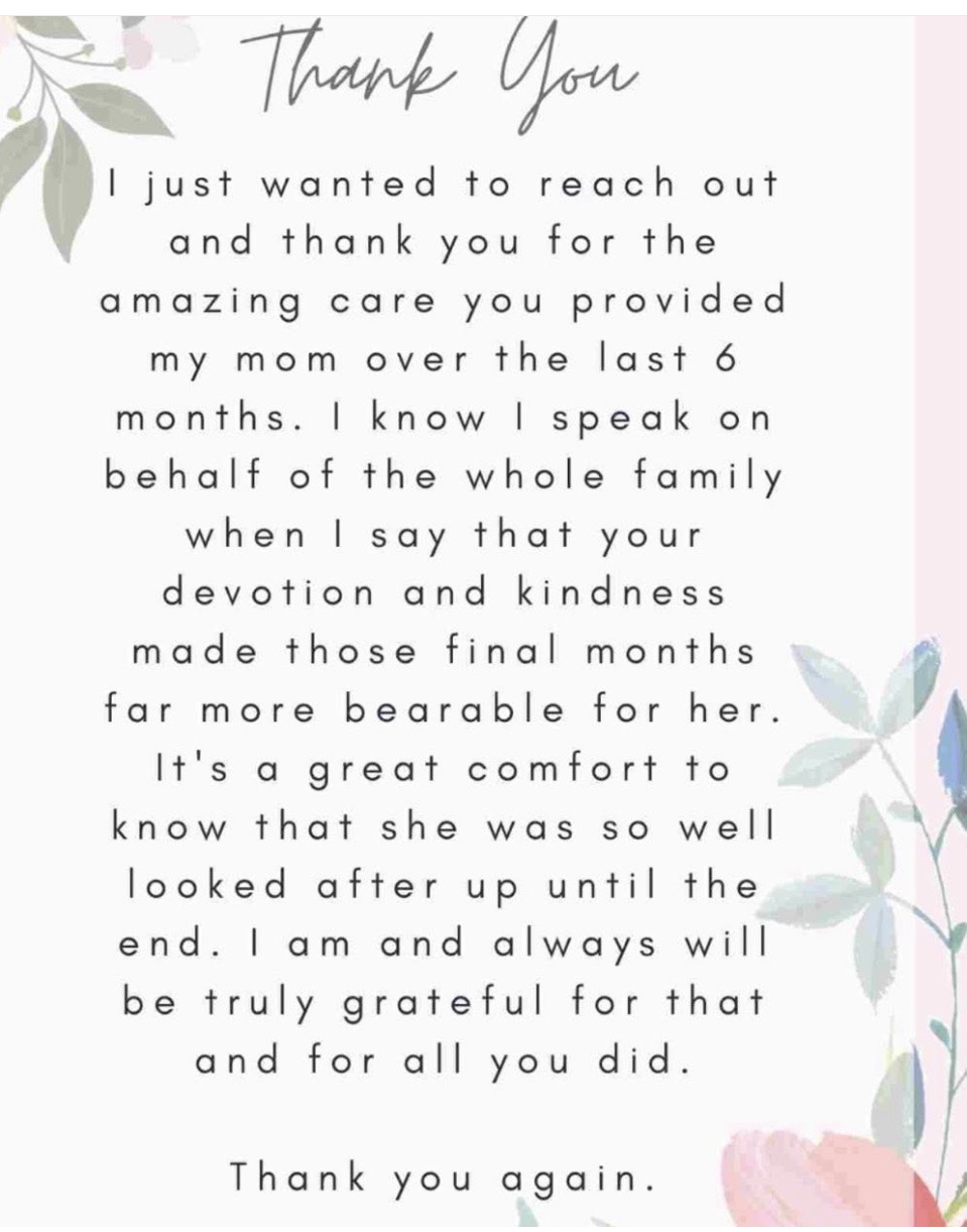 Thank-you card from a family grateful for six months of devoted care